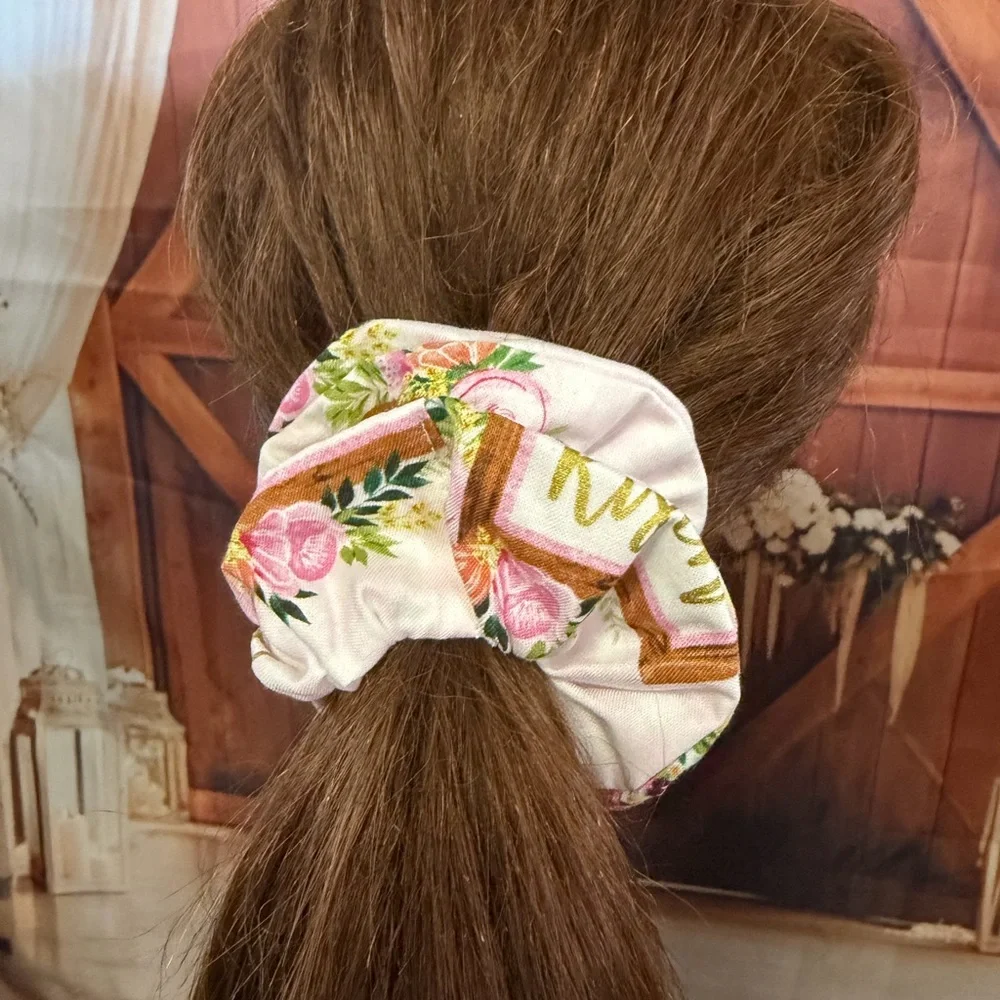 Floral Pink & Green Cotton Scrunchie
